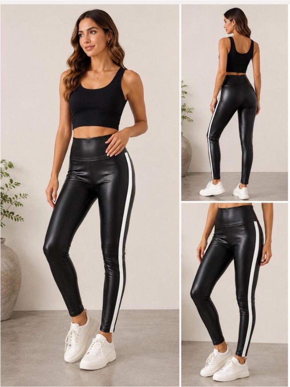 Spanx faux leather stripe leggings NWT Black White M MSRP $110 basic fall casual